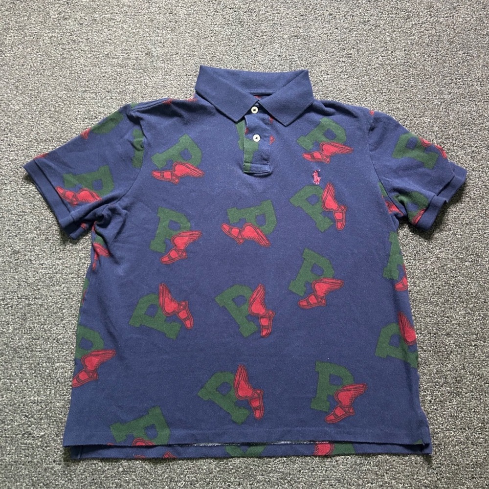 Polo Ralph‎ Lauren Polo Shirt Navy Blue Boys Medium P-Wing Stadium Print Preppy